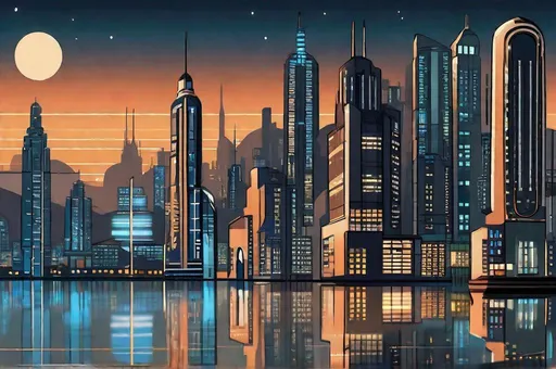 Prompt: a futuristic city on a lakefront (art deco), (illustrated), night, lights,(sky scapers), (high rise buildings), cityscape