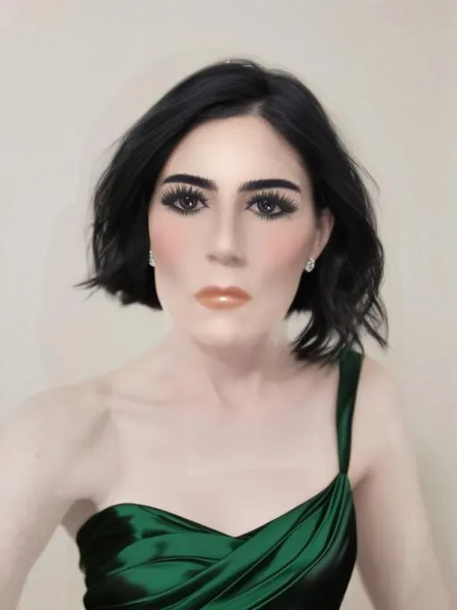 Prompt: add black shoulder length hair to the woman and a green silk evening dress to the woman