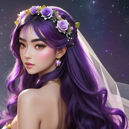 Prompt: Cosmic Epic Beauty, Beautiful and Gorgeous, purple roses in hair