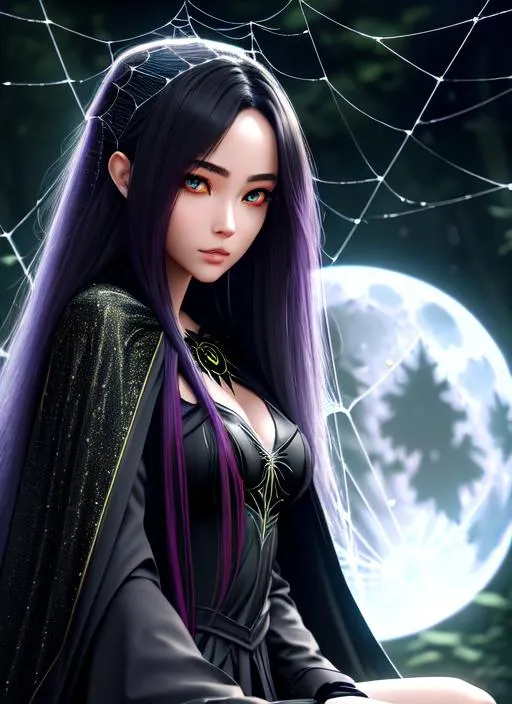 Prompt: Beautiful half-girl, half-spider creature with long hair sitting on a web in a dark forest. She holds a small spider and wears a cloak made of spiderwebs. Use a dark color palette and add a full moon in the background, Artgerm, CryEngine, Octane Render, 8k, symmetrical face, accurate anatomy ultra detailed face, very ((Masterpiece)), Generate a unique and visually stunning eye design Experiment with different generative design techniques and AI algorithms to create an eye that is both aesthetically pleasing and distinctive. Use colors, textures, and lighting effects to create an eye design that captures the viewer's attention and imagination