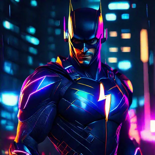 Prompt: Flash cyberpunked as superhero with suit in Gotham city, 8k, HD, night theme, neon color