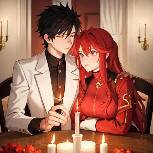 Prompt: Zerif 1male (Red side-swept hair covering his right eye) and Haley having a romantic candle lit dinner