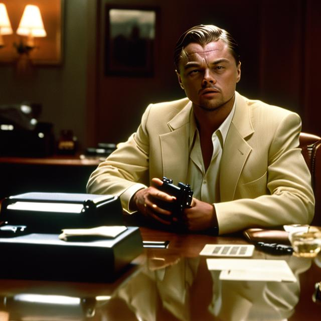 leonardo dicaprio as scarface sitting at his desk wi... | OpenArt