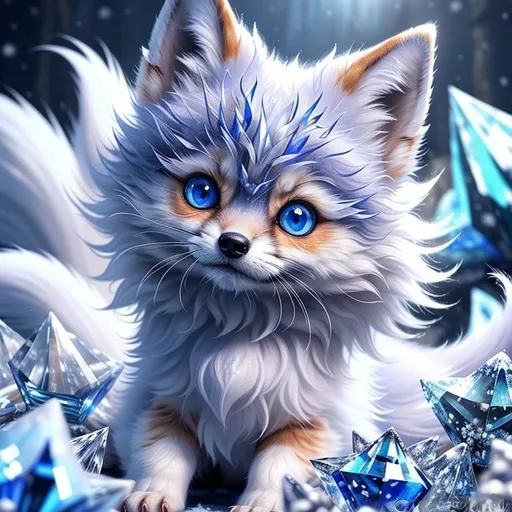 Prompt: add crystals, ((signature, text, logo, watermark)), (masterpiece, professional oil painting, epic digital art, best quality:1.5), insanely beautiful tiny ((fox kit)), (canine quadruped), ice elemental, silky silver-blue fur covered in frost, timid, ((insanely detailed alert crystal blue eyes, sharp focus eyes)), gorgeous 8k eyes, fluffy silver neck ruff covered in frost, two tails, (plump), fluffy chest, enchanted, magical, finely detailed fur, hyper detailed fur, (soft silky insanely detailed fur), presenting magical jewel, moonlight beaming through clouds, lying in frosted meadow, grassy field covered in frost, cool colors, professional, symmetric, golden ratio, unreal engine, depth, volumetric lighting, rich oil medium, (brilliant auroras), (ice storm), full body focus, beautifully detailed background, cinematic, 64K, UHD, intricate detail, high quality, high detail, masterpiece, intricate facial detail, high quality, detailed face, intricate quality, intricate eye detail, highly detailed, high resolution scan, intricate detailed, highly detailed face, very detailed, high resolution