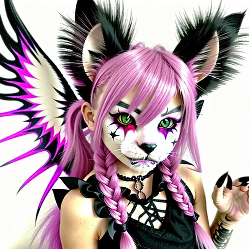 Prompt: Half demon, half wolf cat thingy hair made from fairydust eyes glow in the dark 12 inch scar arcrossed face because bullied, nerd, pretty clothing because princesse, half fairy fancy neckless from mom thats dead and bruses from dad I have angel wings I wEAR PINK maKeup and  My tail is the a fluffy demon tail