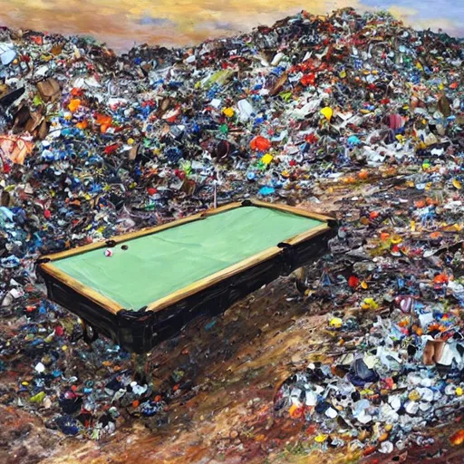 Prompt: Oil painting of a pool table in the middle of a landfill. Pool players are scavenging around the table with their cue sticks