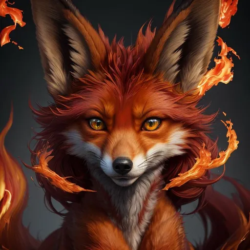 Prompt: (8k, 3D, UHD, ultra sharp, very detailed, masterpiece, detailed oil painting) portrait of fire elemental ((fox)), (canine quadruped), early adolescent female, silky crimson-red fur, emerald green eyes, 8k eyes, youthful, lively, lithe, black fur highlights, long silky hair on crest, slender, umber red mane, beautiful charming mischievous grin, wispy brown ears, wispy ruby-red mane flowers on fur, snow-capped trees, fur dusted with snow, forest, silky bushy tail, billowing mane, professional, unreal engine, dynamic, highly detailed