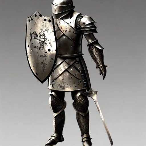 Prompt: hyper realistic knight full armor holding sword and shield