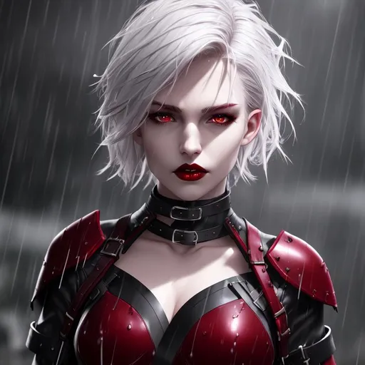 Prompt: attractive young woman, pale - ash skin, chiseled jaw, crimson bright eyes, dark red lips, short silver hair, circlet, black tones, rain, lightning, leather belts, hunter coat chest open, chest scar, ultra hd, sharp focus, volumetric lighting, unreal engine 4, 64k, artstation, digital art, high quality, particles, hyperreailsm, stars, electric, blue lightning