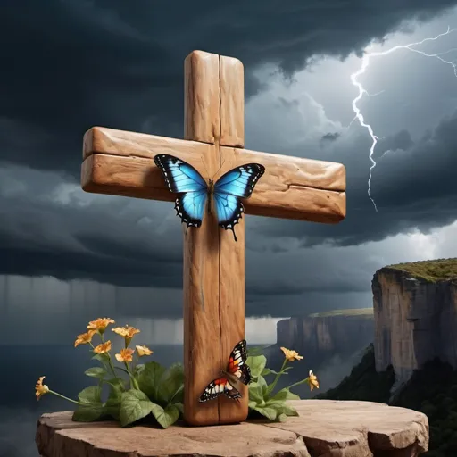 Prompt: Beautiful butterfly's on wooden cross,beautiful stormy sky,realistic,overlooking large cliff,smooth edges