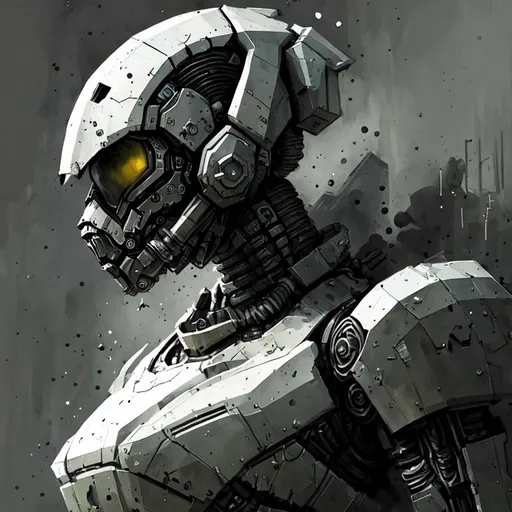 Prompt: Portrait of a futuristic humanoid mech wearing black heavy armor in wastelands