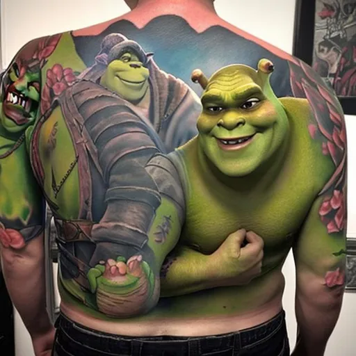 Prompt: Shrek tattoo backpiece 
