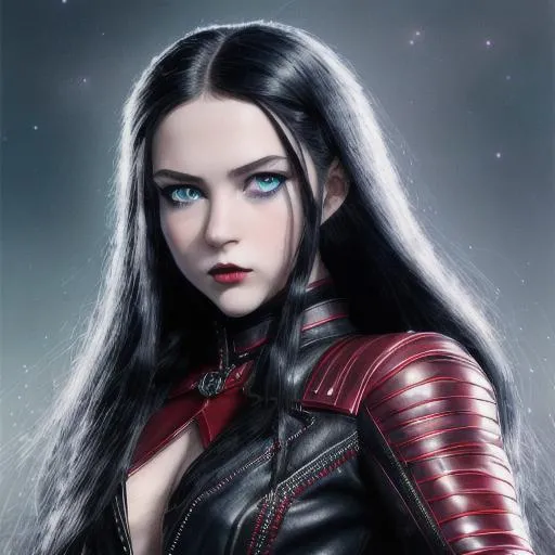 Prompt: young girl, long black hair, light blue eyes, berry lipstick, red leather jacket, black sparkly body suit, knee-high black boots, 3-D, fine-tuned, hyper-realistic, intricately detailed, detailed face, fantasy, 16K, realistic, superhero, movie poster, full body