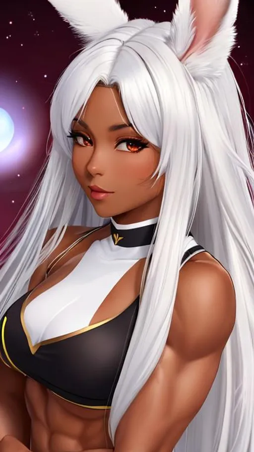 Prompt: Lady, Fit body, Tanned skin, darker skin, muscular woman, white hair, long white hair, white rabbit ears, rabbit ears, bunny girl, tanned tomboy, tomboy, high quality, 4k, 8k, high resolution,