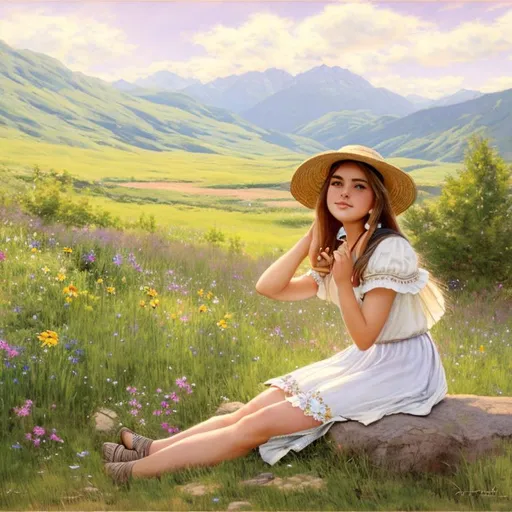 Prompt: A country styled girl in a meadow, sitting on a rock, with a sun hat, perfect features, extremely detailed, realistic. Krenz Cushart + loish +gaston bussiere +craig mullins, j. c. leyendecker +Artgerm, 