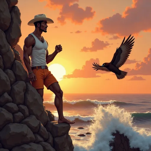 Prompt: @TRzJfEbYXKjmZAhFV8fB  climbs a jagged cliff face barefoot with no ropes, muscles tense, silhouetted against a glowing sunrise. The ocean crashes below. A falcon soars past him. His eyes are locked on the summit — not for glory, but for self-mastery.