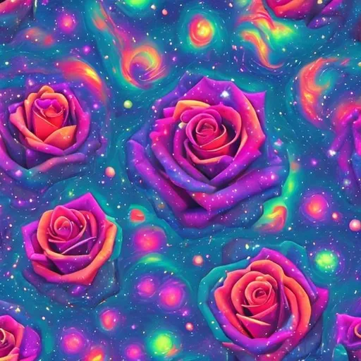 Prompt: Moody roses in outer space in the style of Lisa frank