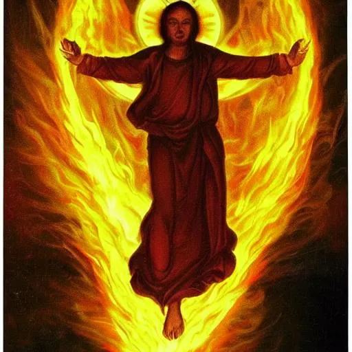 Prompt: holy being descending from the heavens on fire evil in a ball of light
