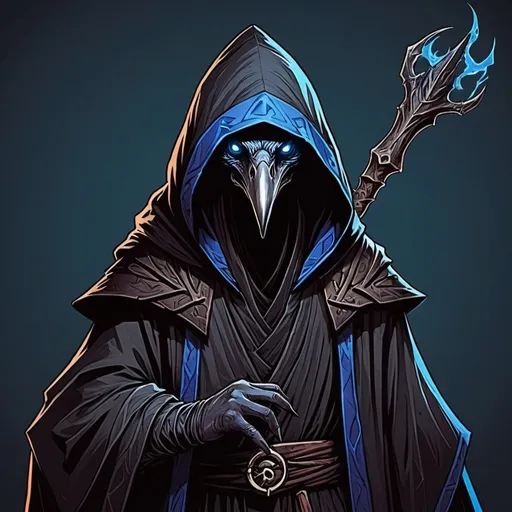 Prompt: dungeons and dragons kenku raven cultist wizard in a black robe with blue trim with a staff