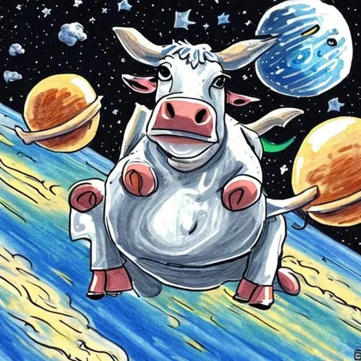 Prompt: Draw a cow in space that is smoking a joint