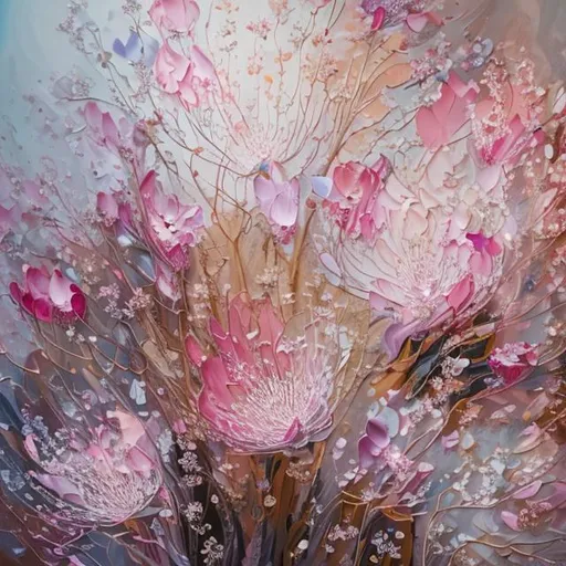 Prompt: An acrylic painting that captures the essence of delicate flowers in full bloom. The painting showcases a bouquet of vibrant blossoms, each petal seemingly alive with color and movement. The composition is balanced and harmonious, drawing the viewer's gaze towards the intricate details of each individual flower. The brushstrokes are fluid and expressive, conveying a sense of energy and life. "Whispering Blooms" radiates a sense of beauty and tranquility, inviting viewers to appreciate the elegance and ephemeral nature of nature's creations