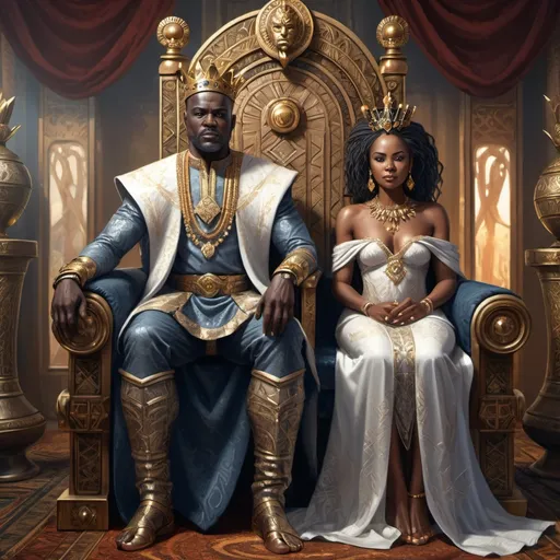 Prompt: Full body, Fantasy illustration of an african king and queen, both around 40 years old, black skin, rich and delicate traditional african royal garment, sitting on a throne, sublime expression, high quality, rpg-fantasy, detailed, in an african throne room