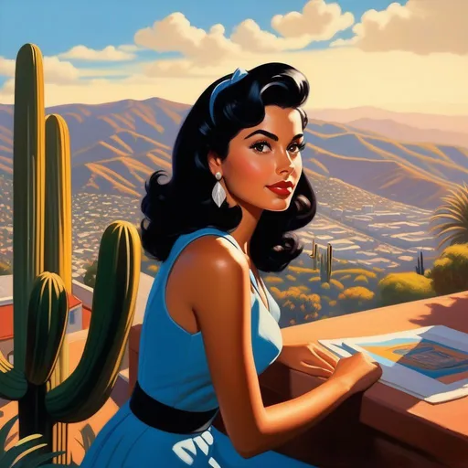 Prompt: Third person, gameplay, Mexican-American girl, olive skin, black hair, brown eyes, 1950s, Los Angeles, Hollywood sign in the background, sunny hot weather, blue atmosphere, cartoony style, extremely detailed painting by Greg Rutkowski and by Henry Justice Ford and by Steve Henderson 

