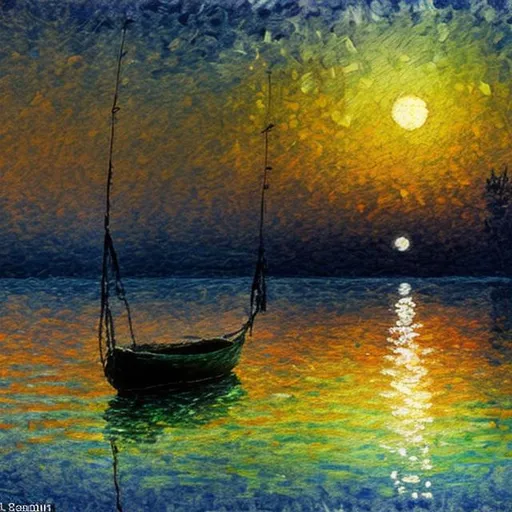 Prompt: Impressionism oil painting of a small fishing boat in a lake at full moon night minimal cold colours

