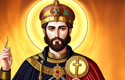 Prompt: Constantine XI Palaiologos with beard, short hair, with greek armor, Oval multi-jeweled crown holding the sacred heart of God