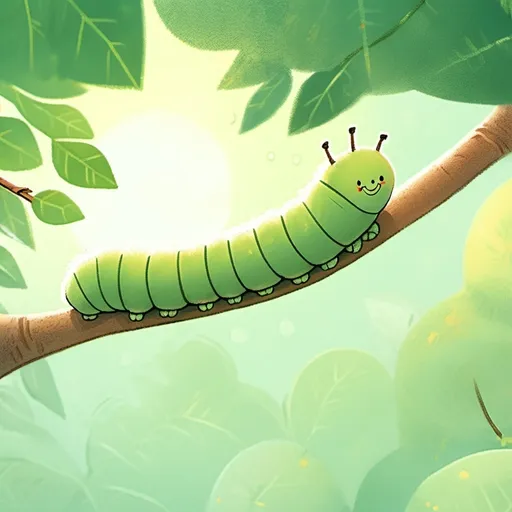 Prompt: leafy background, sunny, plump fuzzy green curious caterpillar on a branch