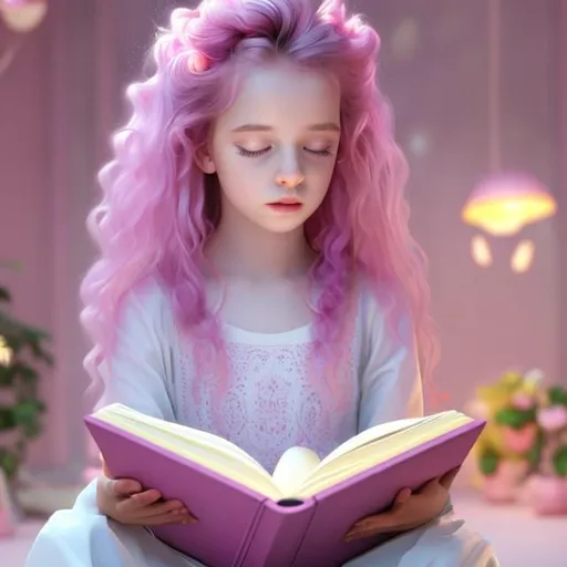 Prompt: an ethereal girl with pink, violet and yellow luscious hair reading a pink book