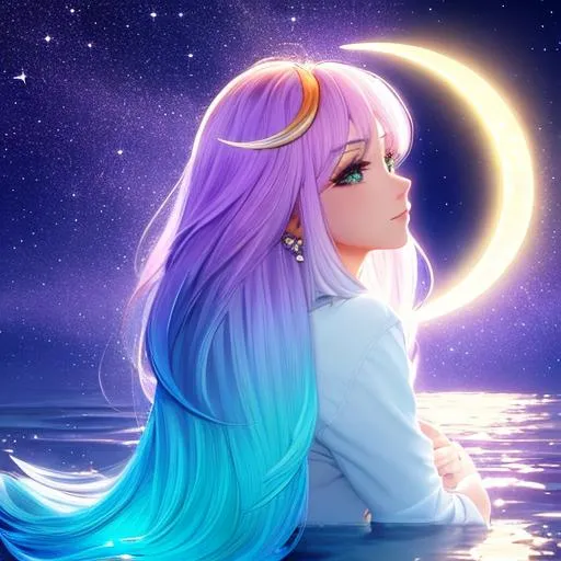 Prompt: Pisces, ombre hair, sparkles, moon, water, best quality, high quality, 64k, high res, focus, UHD