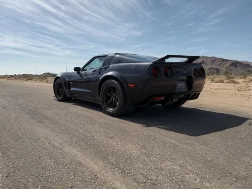 Prompt: C6 corvette, mad max style, post apocalyptic sports car, ultra realistic, hyper detailed, mayhem, supercharger sticking out of hood, burning drums of oil