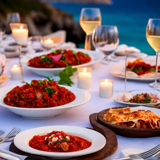 Prompt: "Generate an image of a romantic dinner scene for two at the beach in Polignano a Mare, Italy, known for its stunning coastal views. Set a table right by the shoreline, creating a picturesque beachside dining experience. Ensure that the beautiful serving platter with a mouthwatering lasagna, rich in bolognese sauce, is prominently featured as the centerpiece of the scene. Additionally, include two glasses, one with exceptionally refreshing and sparkling green grape juice with plenty of ice cubes and the other with crisp apple juice, making the lasagna and the juices the focal points. The romantic ambiance should complement this beautiful Italian coastal setting."."


" ultra hd, realistic, vivid colors, highly detailed, UHD drawing, pen and ink, perfect composition, beautiful detailed intricate insanely detailed octane render trending on artstation, 8k artistic photography, photorealistic concept art, soft natural volumetric cinematic perfect light"

