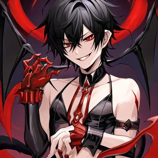 Prompt: Damien (male, short black hair, red eyes), demon form, grinning seductively, in hand cuffs