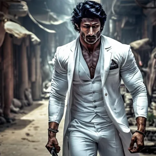 Prompt: photographic image of Vidyut Jammwal wearing a white suite,  holding a short bladed knife in his hand in a Sci Fi setting. An old brick city 4K 8K.  Small girl hiding behind him. 