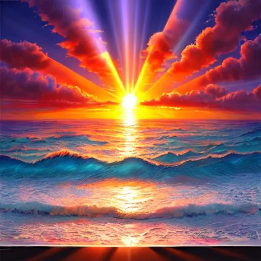 Prompt: ocean, evening, dreamcore, beautiful sunset with sunrays, Bob Ross style