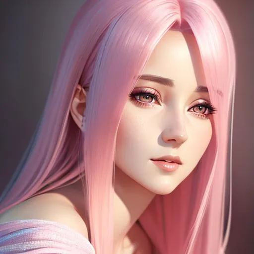 Prompt: half body, realistic detailed image of a beautiful young woman with thin blanket around waist, pink hair, kneeling on a bed, perfect body, beautiful face, feminine features,  medium length hair, pale skin, one arm above her head, highly detailed, digital painting, HD quality, 8k, studio lighting, hyper realistic