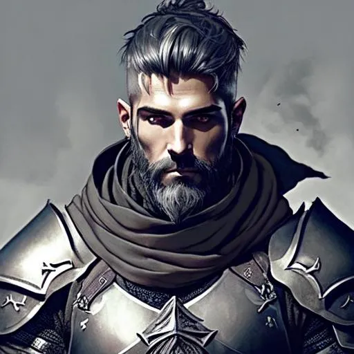 Prompt: A  D&D dark male aasimar dressed in grey plate armor with a tattered black scarf wrapped around their neck. Eyes with no pupil. Grey hair and beard.