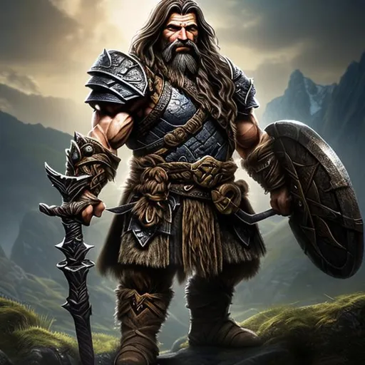Prompt: Sure, here's a description of the masculine dwarf warrior's upper body:

With a torso hewn from solid muscle and veins coursing beneath rugged skin, the dwarf warrior's upper body tells tales of relentless toil and unyielding courage. Broad shoulders, honed from years of wielding a pickaxe and battling goblins, carry the weight of his people's hopes. Scars crisscross his chest, souvenirs from countless skirmishes, each one a testament to his unflinching determination.

His brawny arms, resembling sturdy tree trunks, boast sinewy sinews that ripple with every movement. Veins stand out prominently, pulsating with the fervor of a warrior who's stared down danger time and again. Calloused hands bear witness to a life spent digging deep into the earth, extracting precious minerals and forging a connection with the very heart of the land.

The dwarf's neck, thick and robust, supports a head crowned by a wild mane of fiery red hair, an echo of his fiery spirit. A beard, as coarse as the stones he's mined, cascades down his chest in braids, adorned with gleaming gemstones and trinkets, reminders of victories won and comrades lost.

His chest is a fortress, protected by a makeshift armor crafted from forged metal and battle-tested leather. Deep scars and weathered creases tell stories of close encounters, while his battle-worn breastplate bears the dent of a crushing blow narrowly escaped.

In the heat of battle, his upper body becomes a force of nature, a symphony of sweat, grit, and determination. Every sinew, every bulge, and every scar speaks of a dwarf who embodies the resilience of the mountains themselves, a guardian who mines the earth's secrets and battles evil with an unshakable resolve.