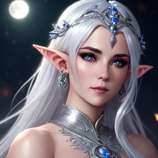 Prompt: Portrait of a Beautiful Female elf with silver hair dancing under the moonlight, fantasy, intricate, elegant, highly detailed, digital painting, trending on artstation, concept art, smooth, sharp focus, illustration art by Stanley Lau and greg rutkowski,  unreal engine, 4k, 8k