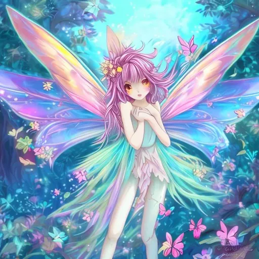Prompt: anime art of a fairy, colorful colors, bright colors, pastel theme, in a forest flying, wings, magical