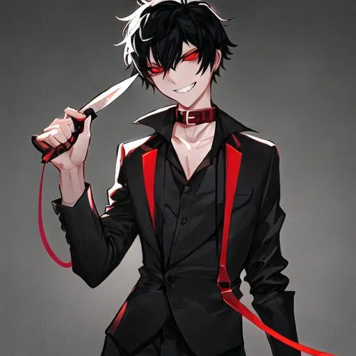 Prompt: Damien  (male, short black hair, red eyes) wearing a collar and holding a leash pulling on it. grinning seductively, knife in his hand 