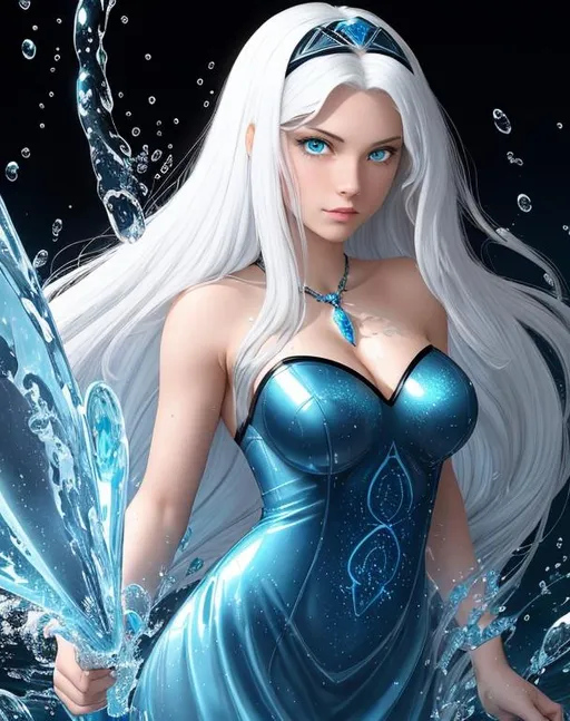 Prompt: A beautiful young 15 year old ((British)) Water elemental with light skin and a beautiful face. She has long white hair and white eyebrows. She wears a beautiful dark blue dress. She has brightly glowing dark blue eyes and water droplets shaped pupils. She wears a blue tiara. She has a blue aura around her. She is using water magic in battle against a space monster at the beach. Epic battle scene art. Full body art. {{{{high quality art}}}} ((goddess)). Illustration. Concept art. Symmetrical face. Digital. Perfectly drawn. A cool background.