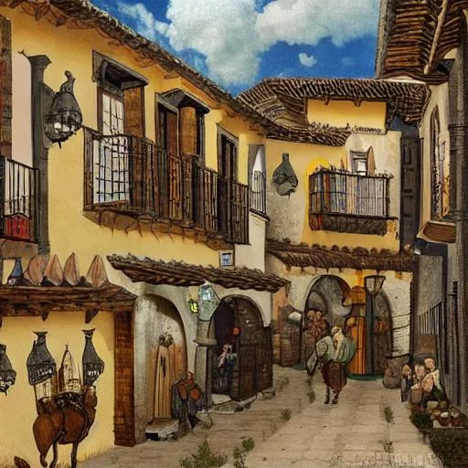 Prompt: 16th century Spanish town in medieval art style