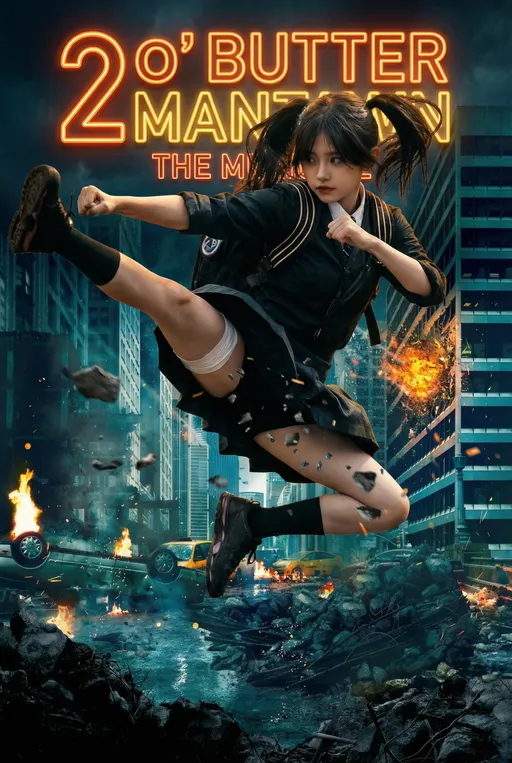 Prompt: can you put this girl in Blockbuster Hollywood Movie Poster with the city in ruin's picture. And halogen typography font's saying "2 o' butter Mantann The Musical"