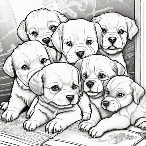 Prompt: Colouring book page, Naughty puppies comic book style, realistic, clean line art, art station, illustration, high detail, high contrast, no shading, no dark areas, high resolution, plain white background