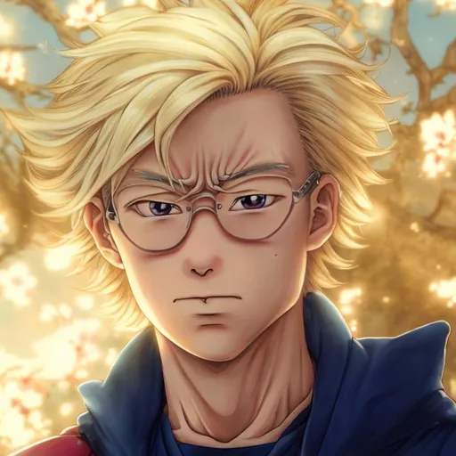 Prompt: portrait, Akira Toriyama, blond hair, 
dark colors, somber, outdoor cherry blossom background, ambient lighting, 