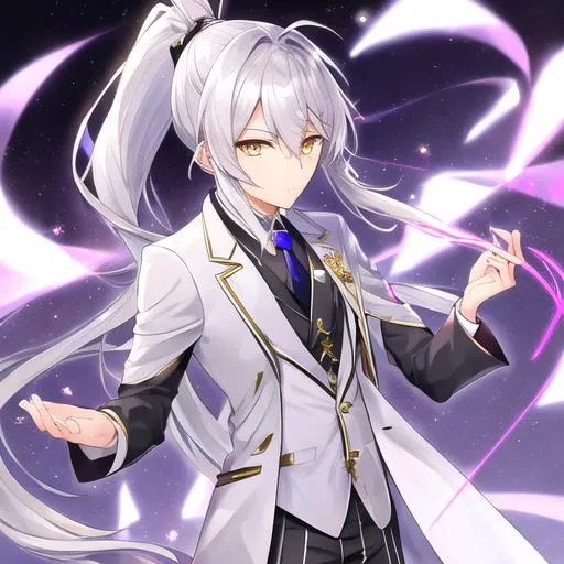 Prompt: Takumi 1male. Singer.  Silver hair; Hime/Bowl with long strands down the shoulders that is medium, Ponytail in the back. Pastel Yellow eyes. Wearing a meticulously tailored suit, with crisp lines and a perfect fit. The jacket is smooth and free of any wrinkles, while the tie is neatly knotted in a symmetrical fashion. The pants drape elegantly, and the overall look exudes sophistication and sharpness. Anime style, UHD