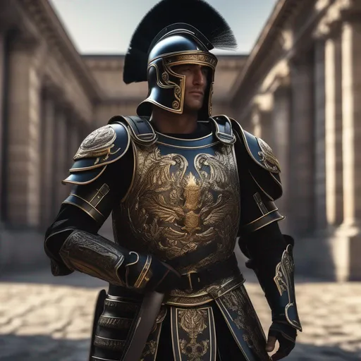 Prompt: A modern roman military male in black military armor galea helmet of roman armor, with a gunfire, background Paris in war, Hyperrealistic, sharp focus, Professional, UHD, HDR, 8K, Render, electronic, dramatic, vivid, pressure, stress, nervous vibe, loud, tension, traumatic, dark, cataclysmic, violent, fighting, Epic
